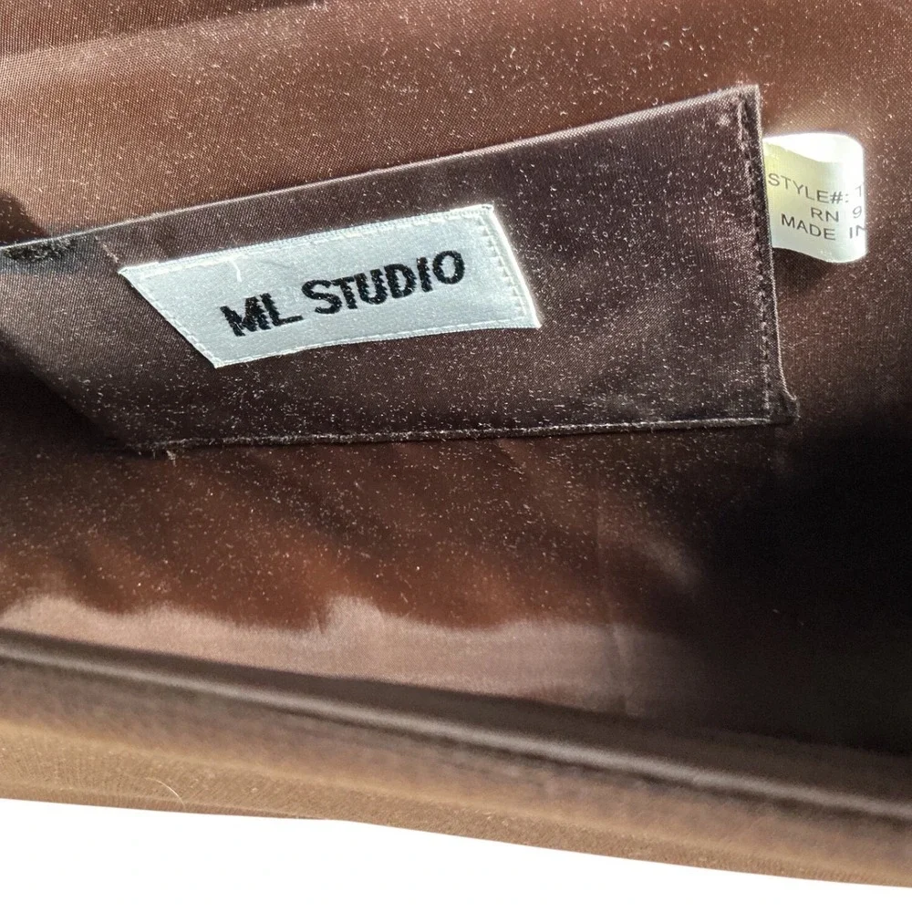 ML Studio Brown Satin Evening Clutch Bag Rhinestone Bow‎ Accent Shoulder Strap